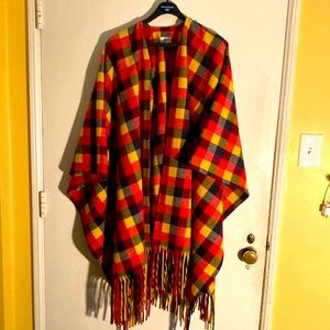 Vintage Pendleton Plaid Virgin Wool Shrug Wrap Fringe Open Front Poncho *RARE*